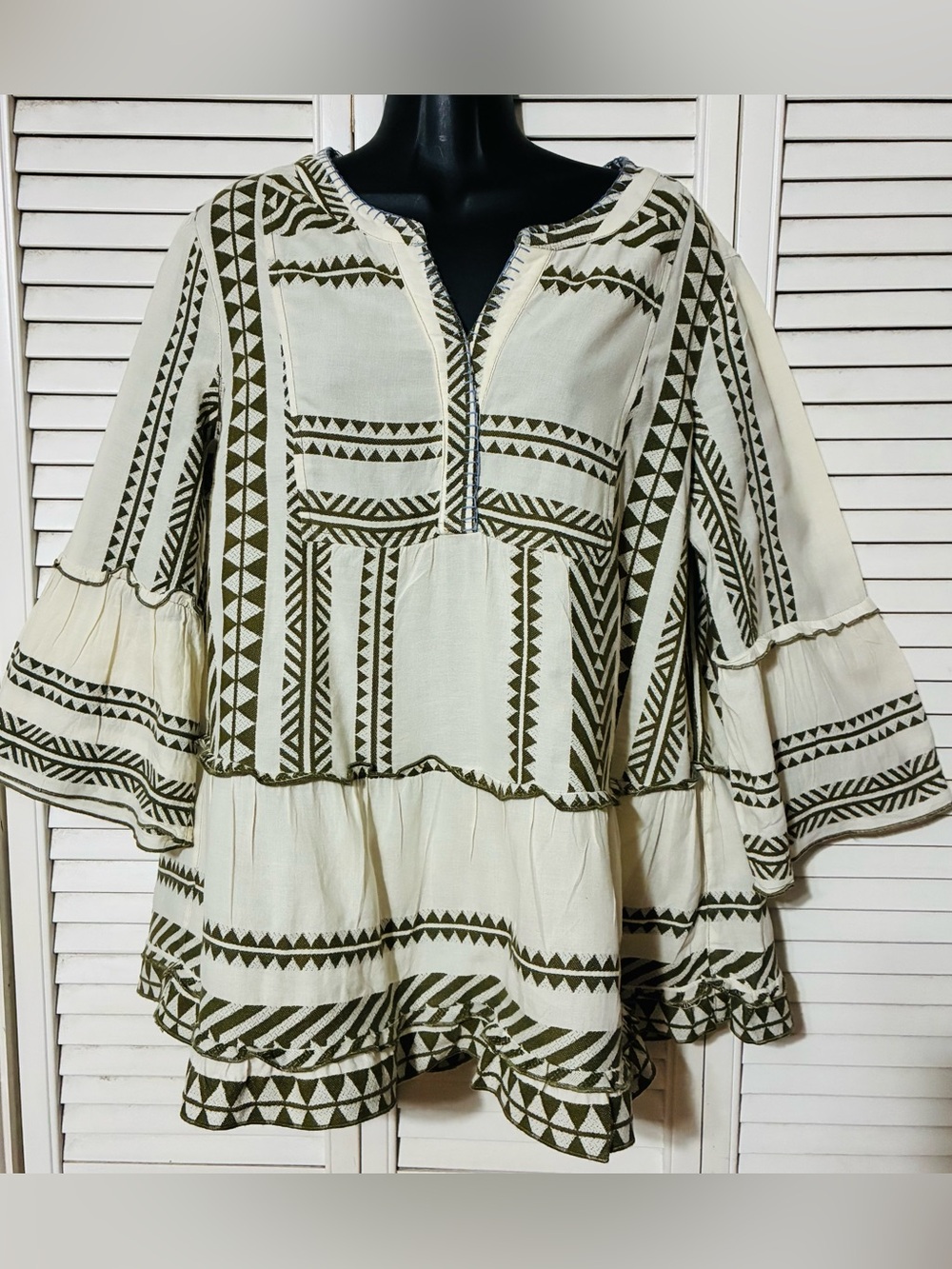 John Mark Med Cream Tunic with Olive Geometric Print